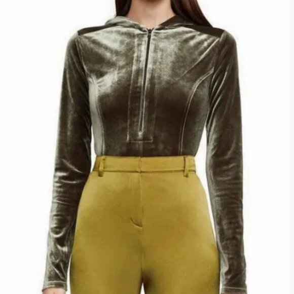 BCBG MAX AZRIA HOODED BODY VELVET OLIVE - Picture 2 of 10